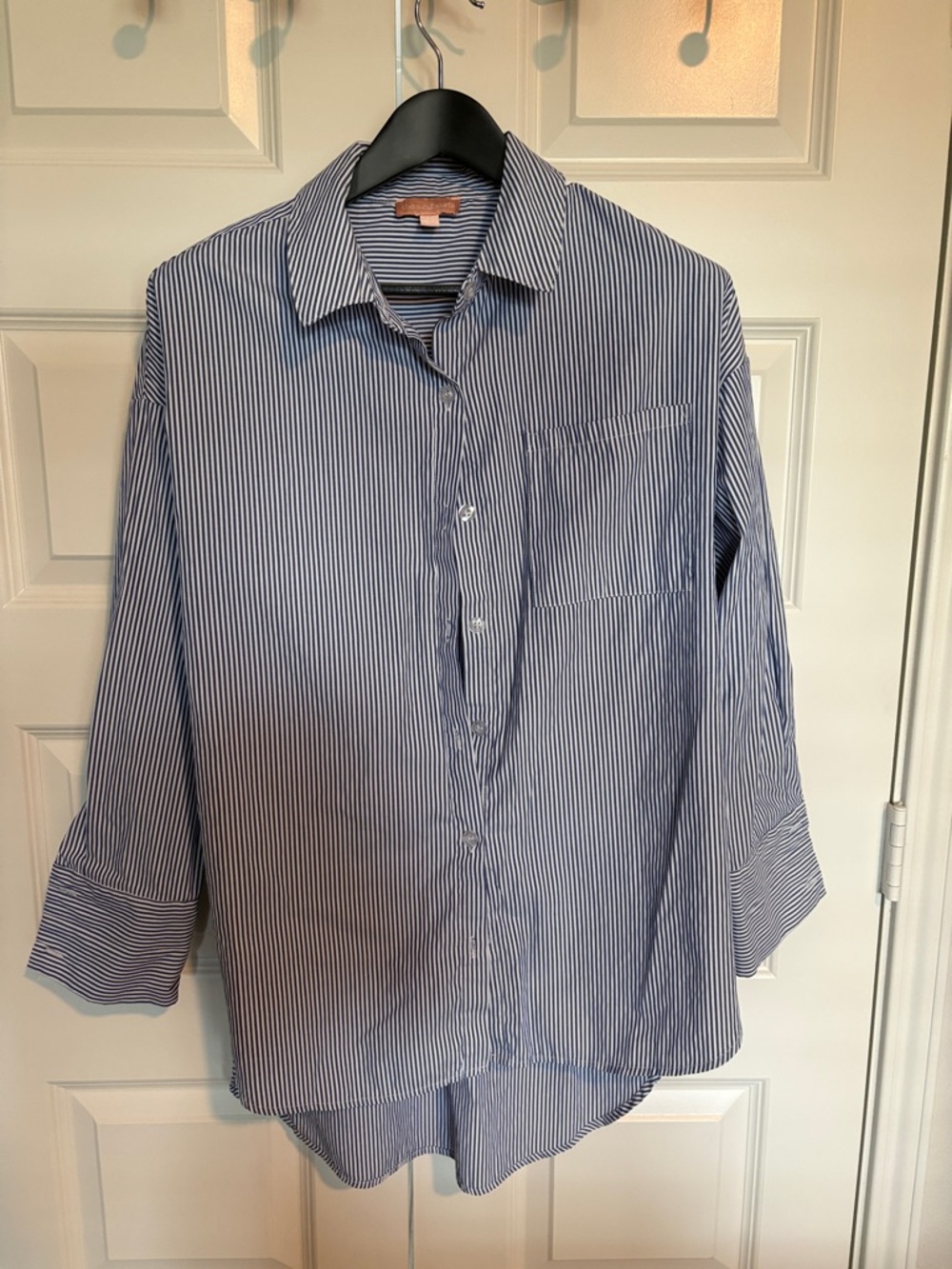 Woman’s Blue & White Striped Casual Button-Down Shirt